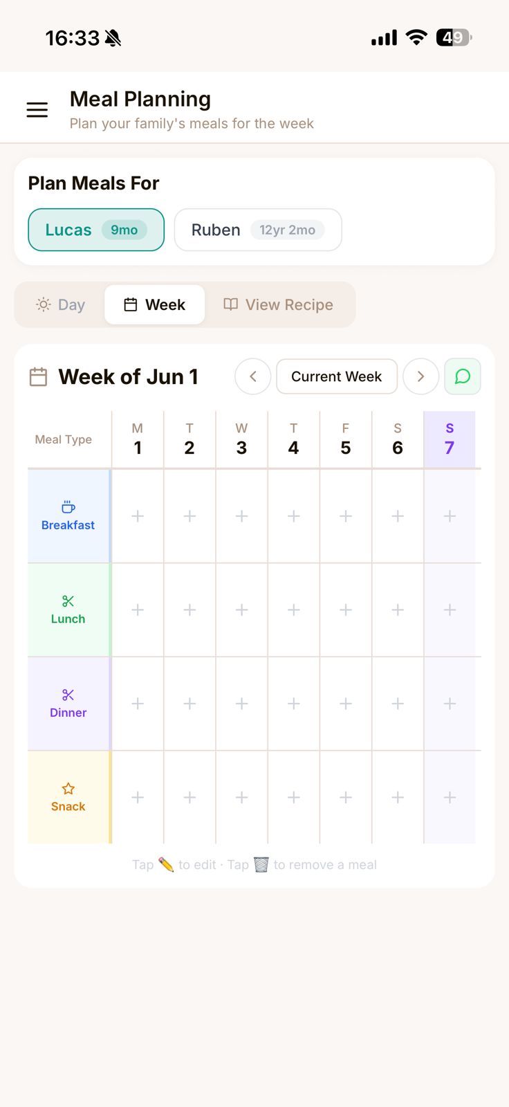 mAmI Meal Planning screen — a weekly grid of breakfast, lunch, dinner and snacks planned by child and age