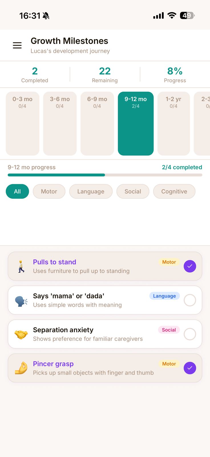 mAmI Growth Milestones screen — tracking a baby's motor, language, social and cognitive milestones by age