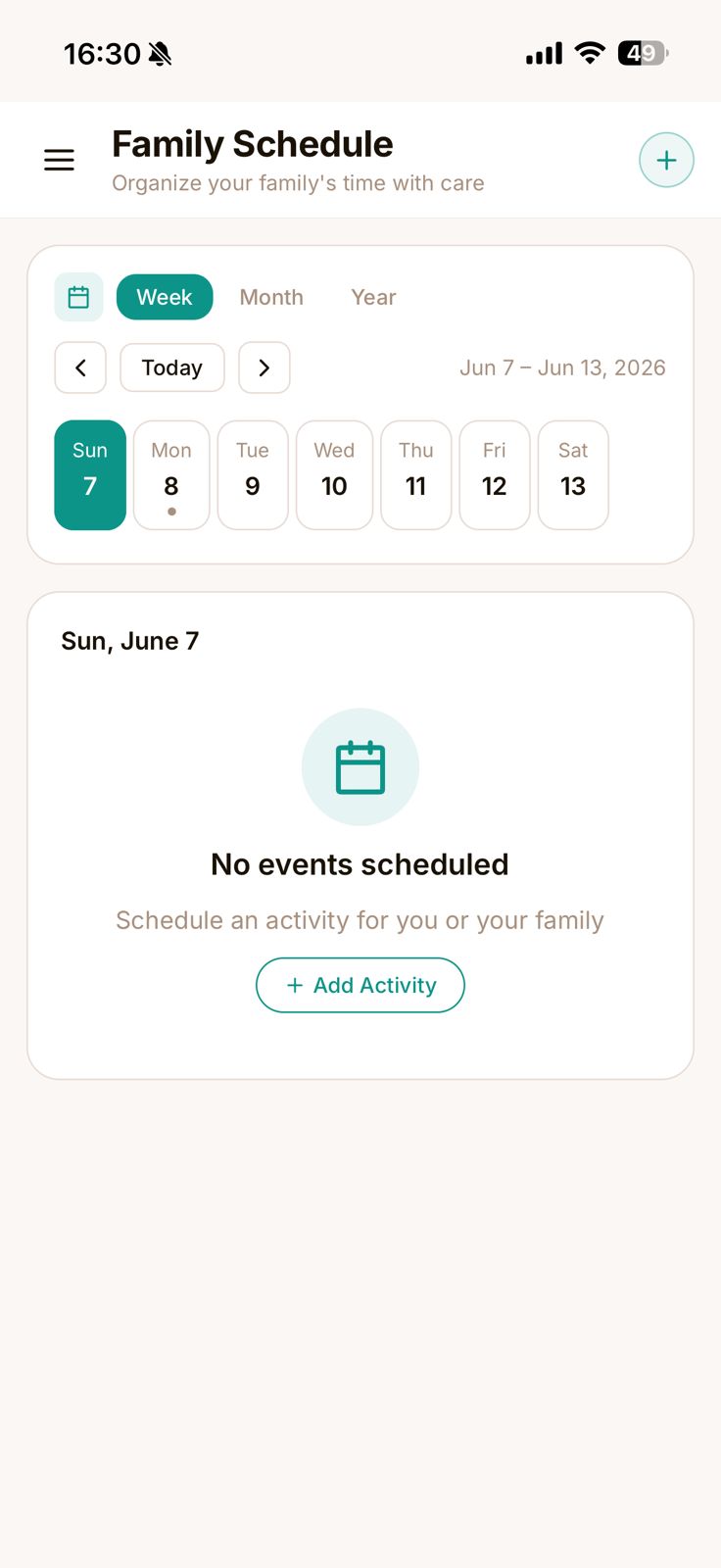 mAmI Family Schedule screen — a calm weekly calendar for the whole family