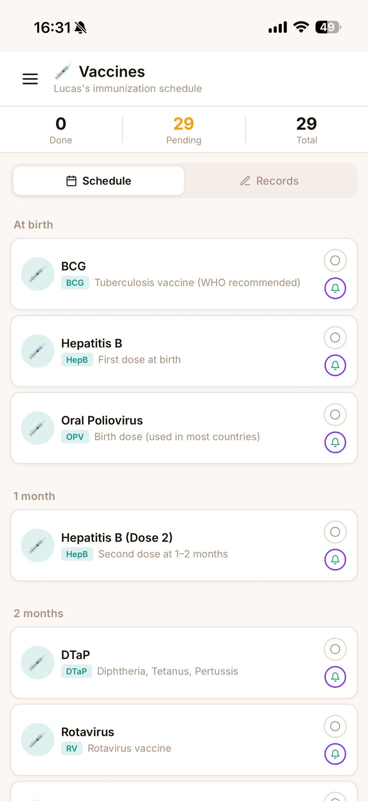 mAmI Vaccines screen — a country-aware immunisation schedule with gentle reminders