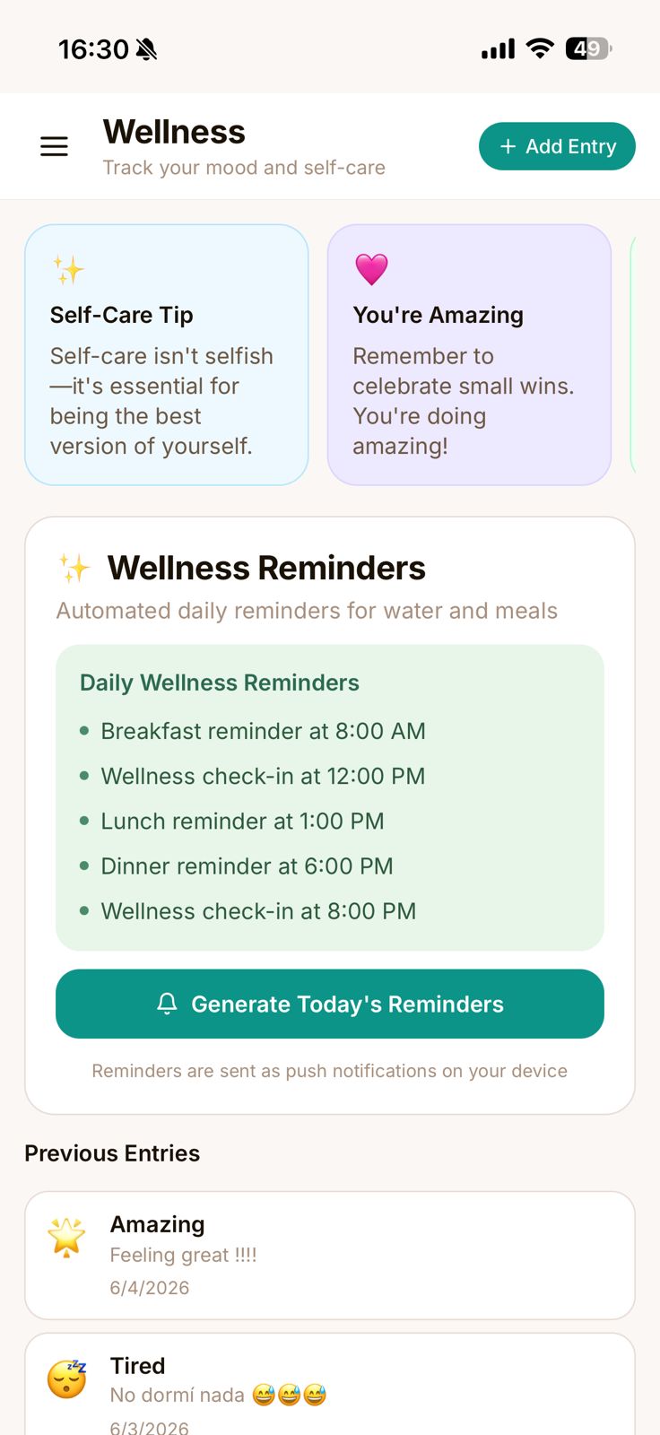 mAmI Wellness screen — a gentle mood check-in with kind self-care notes and soft daily reminders