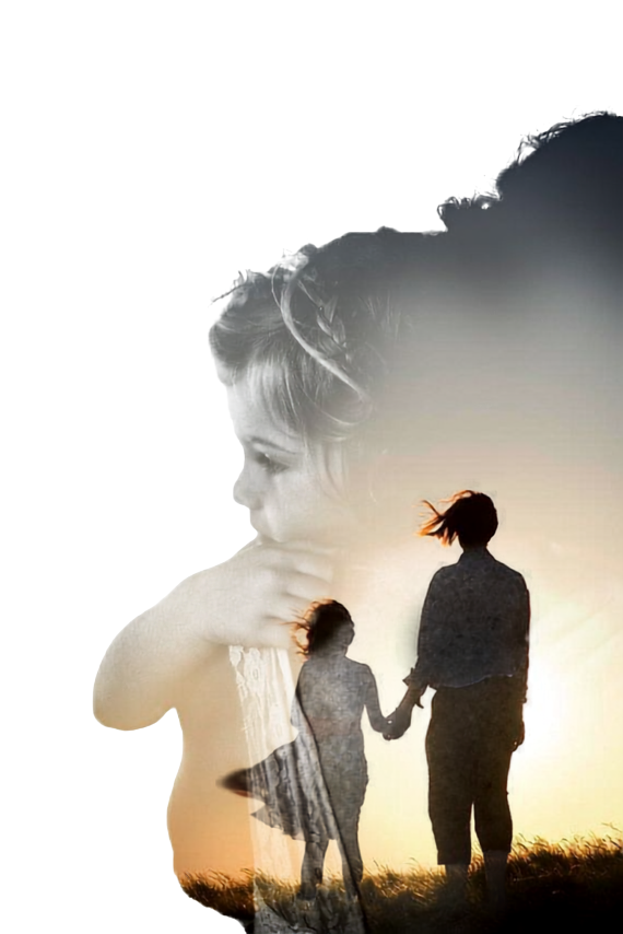A child's profile holding the silhouette of a mother and child at sunset inside it — what we carry lives inside us.