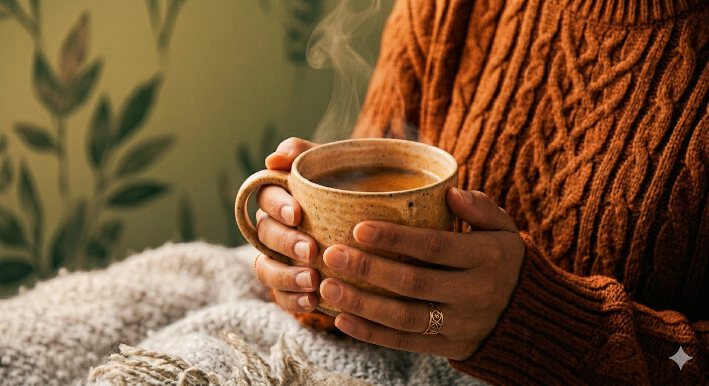 Close-up of a mother's hands cradling a warm, steaming ceramic mug, wrapped in a knit sweater and blanket