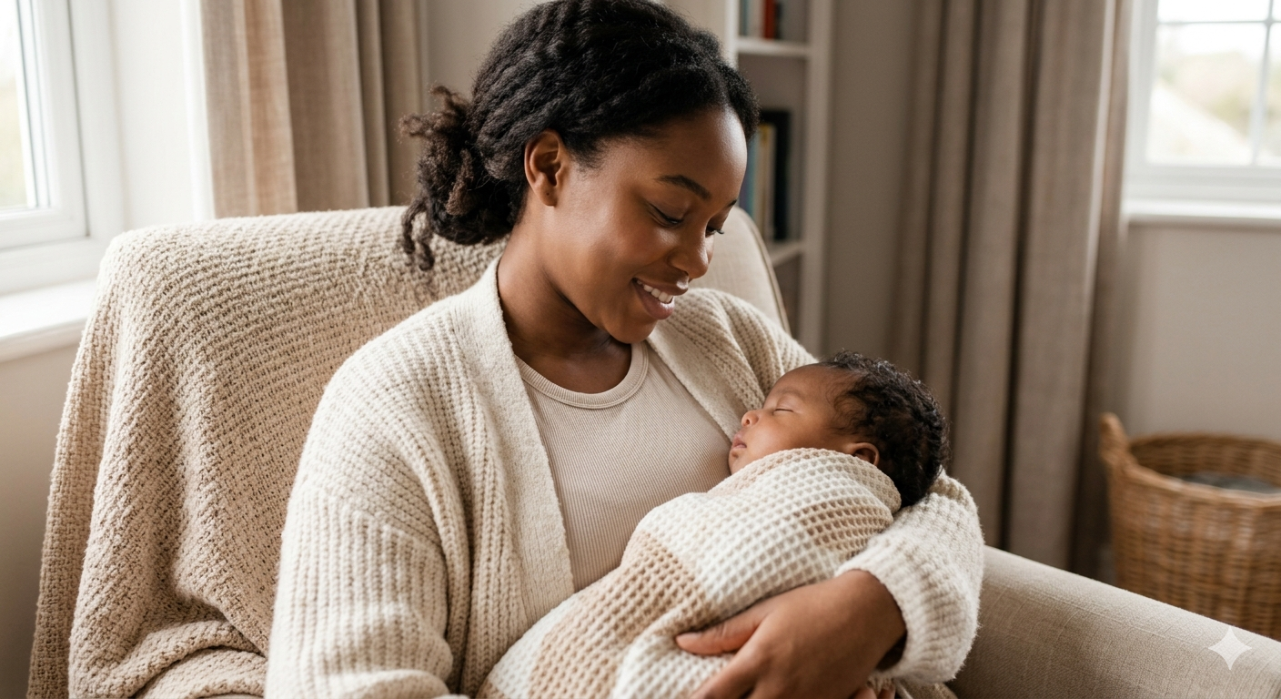A mother resting on the sofa, cradling her sleeping newborn against her chest