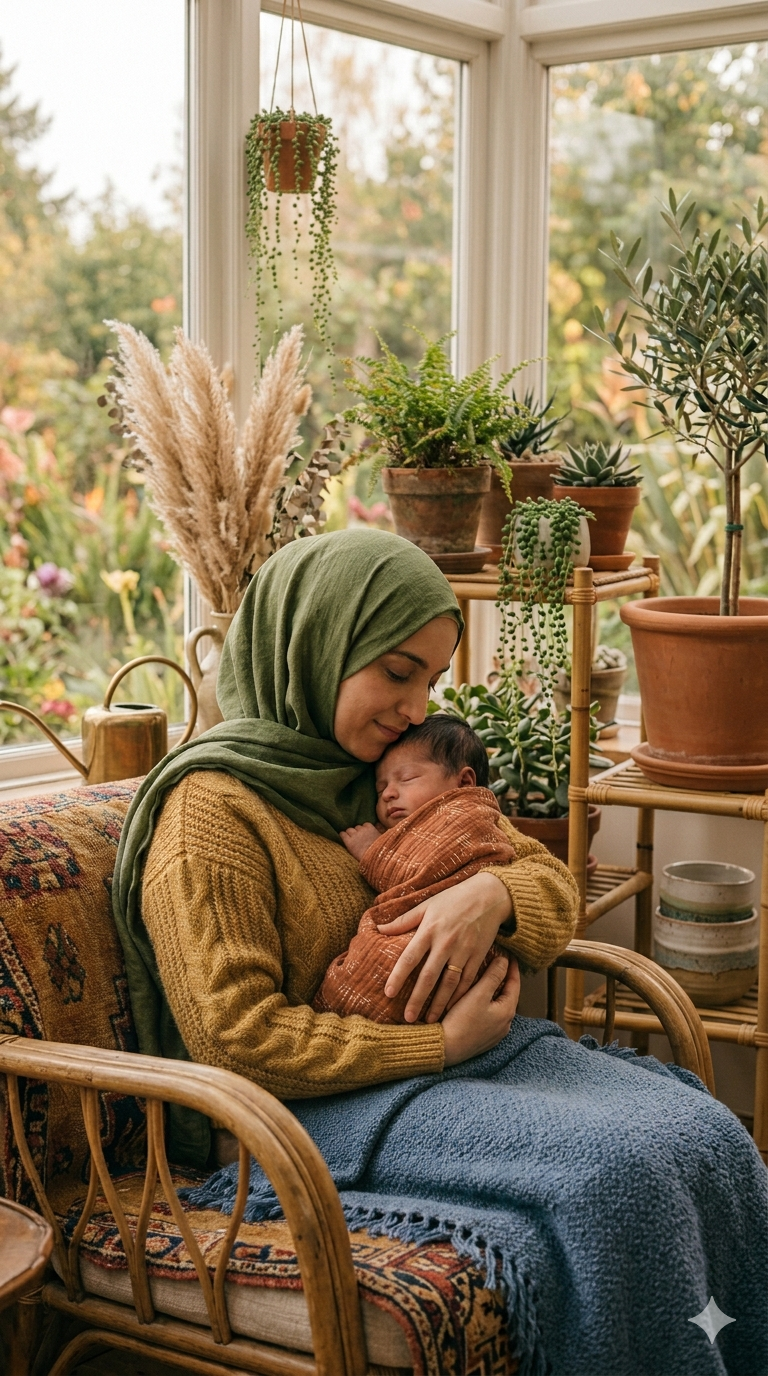 A mother on the sofa in soft afternoon light, her toddler standing close and reaching up to touch her face